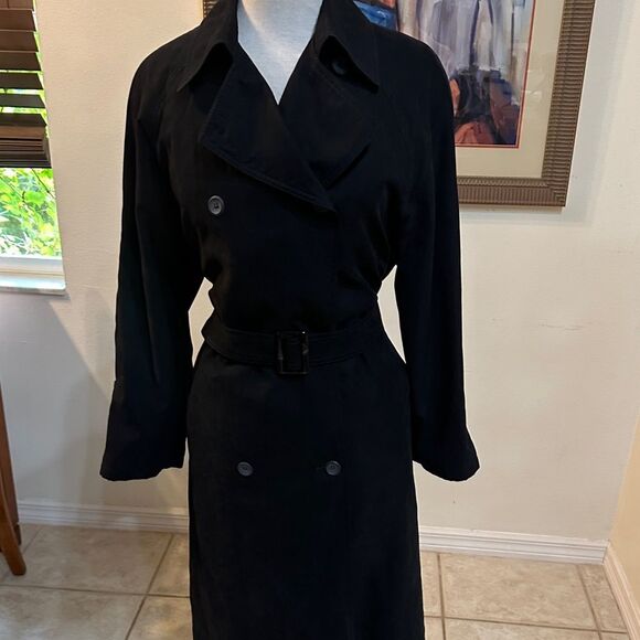 London Fog Black Long Double Breasted Trench Coat w/ Matching Belt Size 6P - Picture 9 of 15